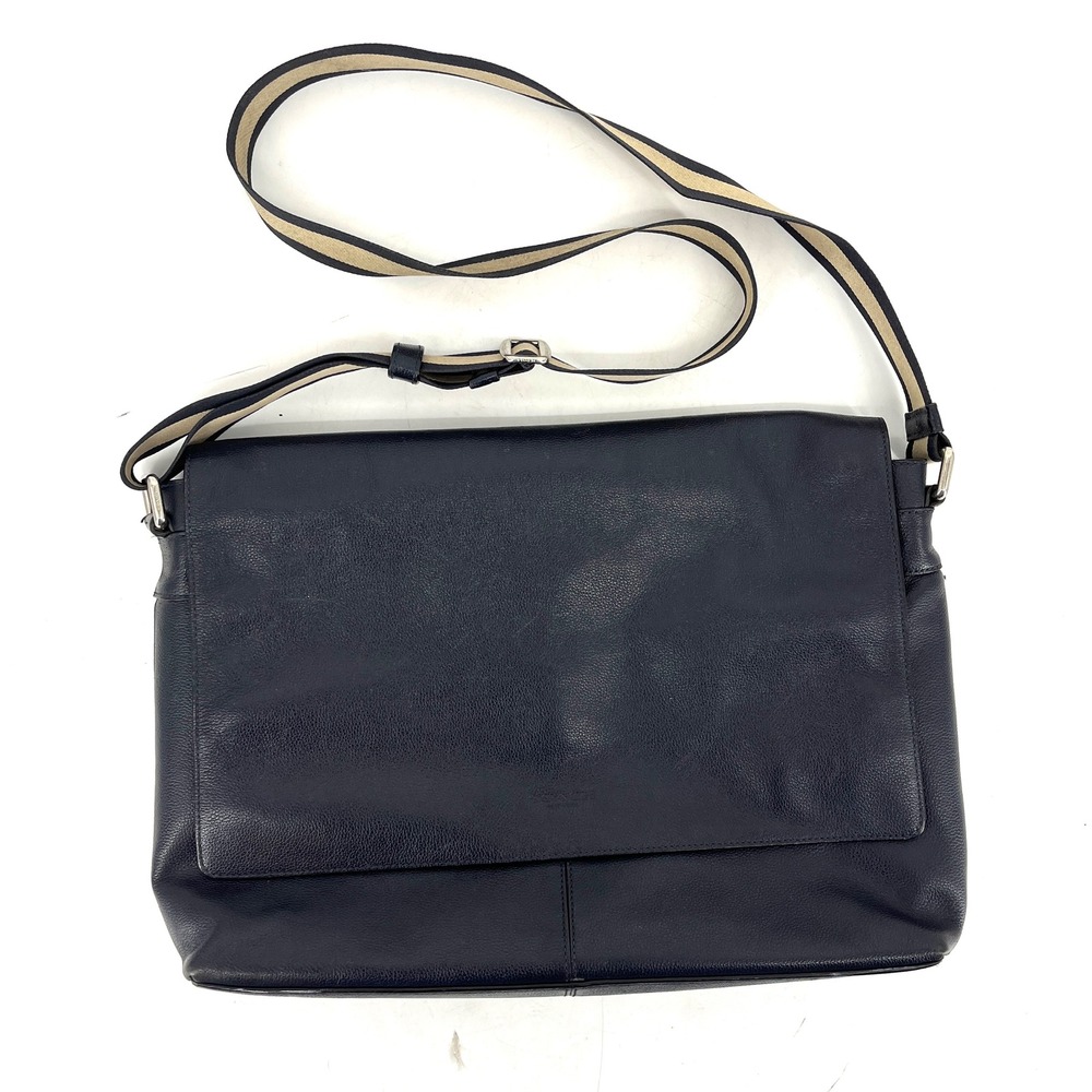 Coach Leather Messenger Bag Black Tan Stripe Strap‎ Flap Zip Closure 16 x 11 x 3
